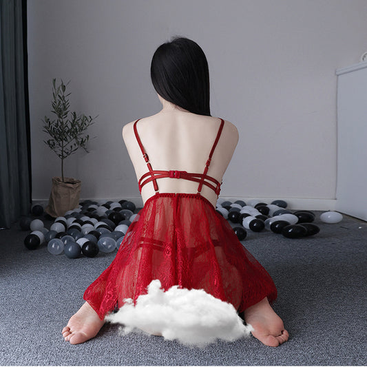 Plus-Size Lace Nightdress Set Hot See-through Lingerie Sexy Two-piece Set Uniform