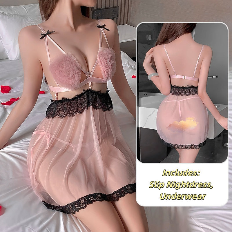 Plus-Size Lingerie Costume Ladies Hot Pink Lace Pure Seduction Sexy Slip Nightdress Teddy