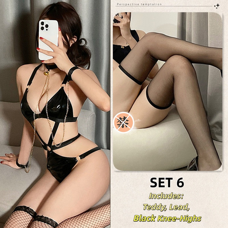 Black Seductive Lingerie Set With Fishnets Queen Leather Maid Costume for Naughty Fun