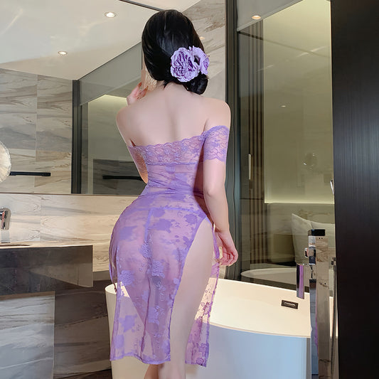 Purple Lace Erotic Lingerie Long Dress Uniform Sexy Sleepwear Pure Desire Pajamas Set