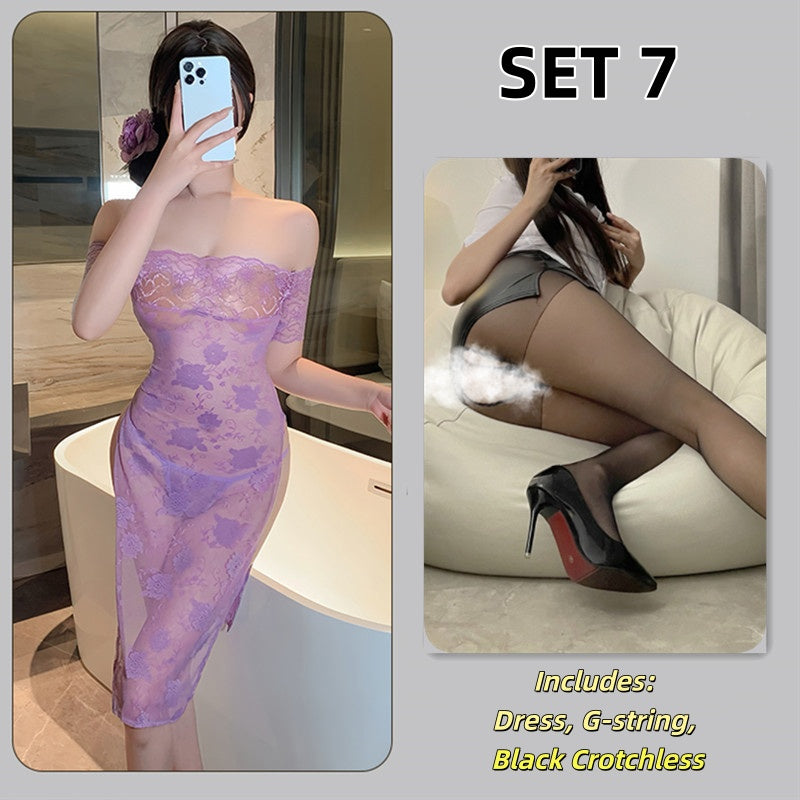 Purple Lace Erotic Lingerie Long Dress Uniform Sexy Sleepwear Pure Desire Pajamas Set