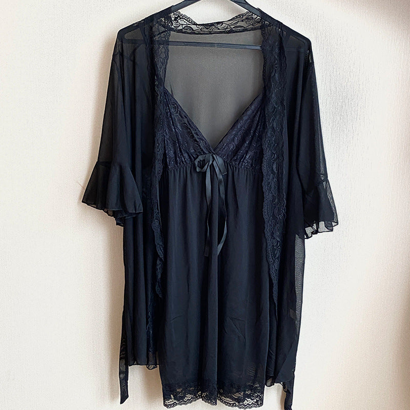 Transparent Sheer Lingerie Set Seductive Plus-Size Lace Women's Bodysuit Three-Piece Set