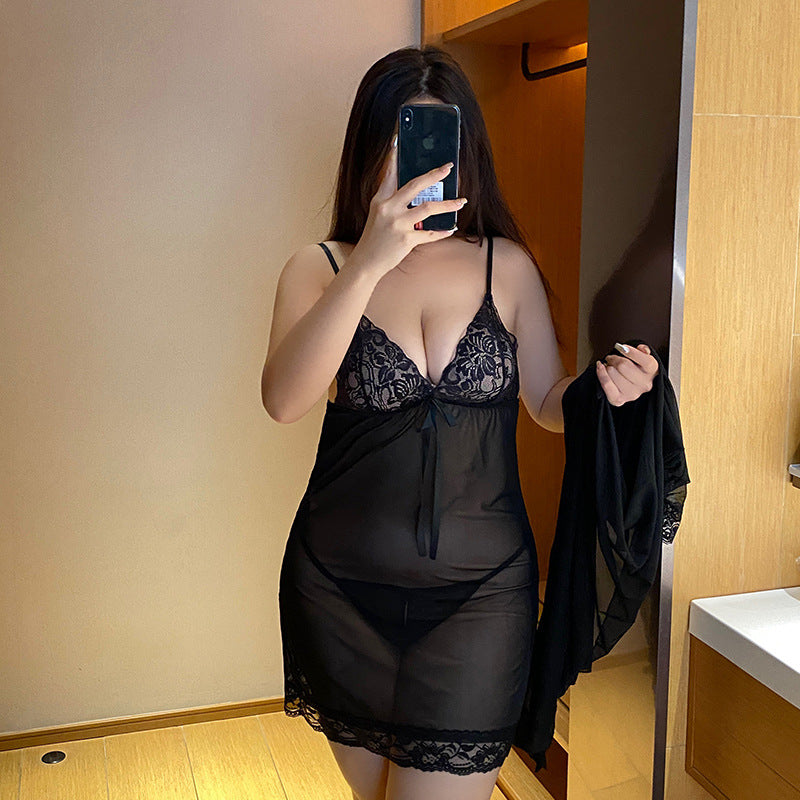 Transparent Sheer Lingerie Set Seductive Plus-Size Lace Women's Bodysuit Three-Piece Set