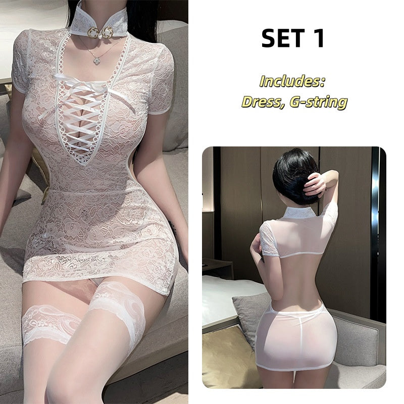 Vintage Lace Lingerie Costume Sexy See-through Temptation Pajamas Backless Nightwear Uniform Set