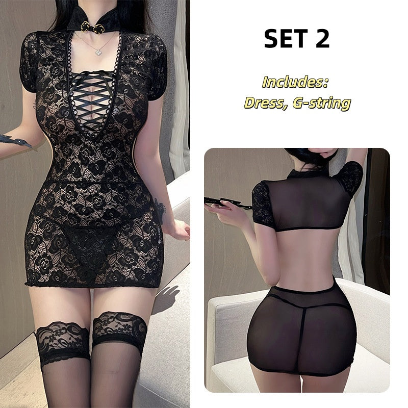 Vintage Lace Lingerie Costume Sexy See-through Temptation Pajamas Backless Nightwear Uniform Set