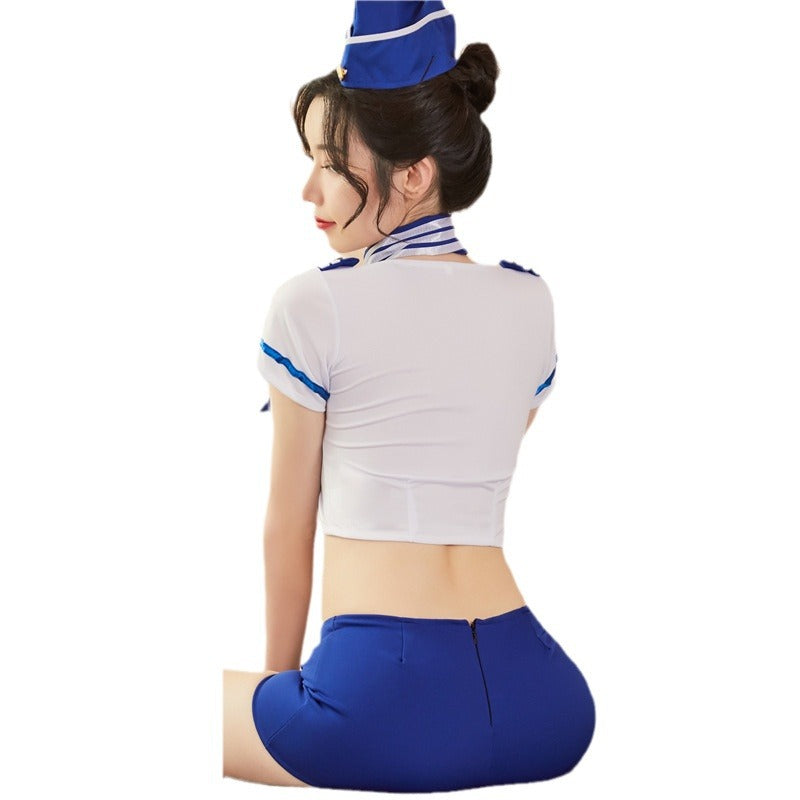 Flight Attendant Roleplay Uniform Lingerie Female Sleepwear Costume with Hat