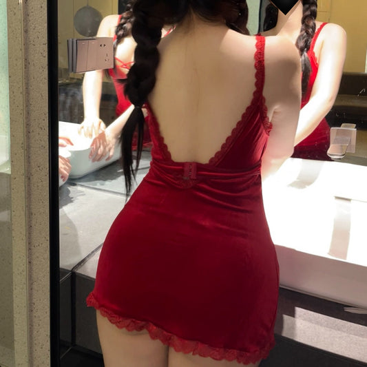 Plus-Size Slip Nightdress Hot Lingerie Costume Pure Seduction Deep V-Back Tie Slit Dating Couple's Set