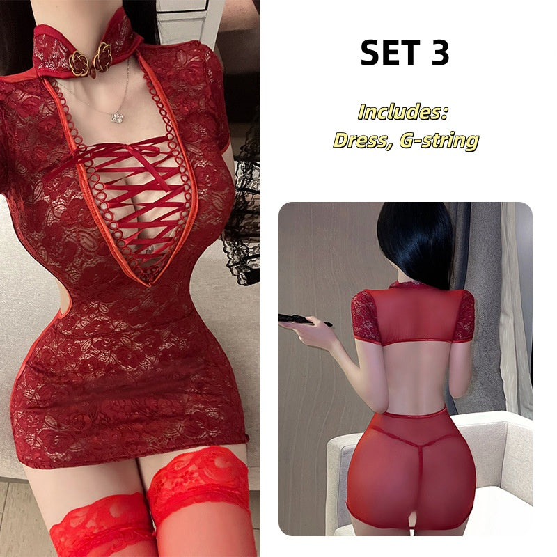 Vintage Lace Lingerie Costume Sexy See-through Temptation Pajamas Backless Nightwear Uniform Set