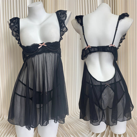 Plus-Size Lingerie Set Sexy Hot Steel Bracket See-through Skirt Open Back Couple Costume