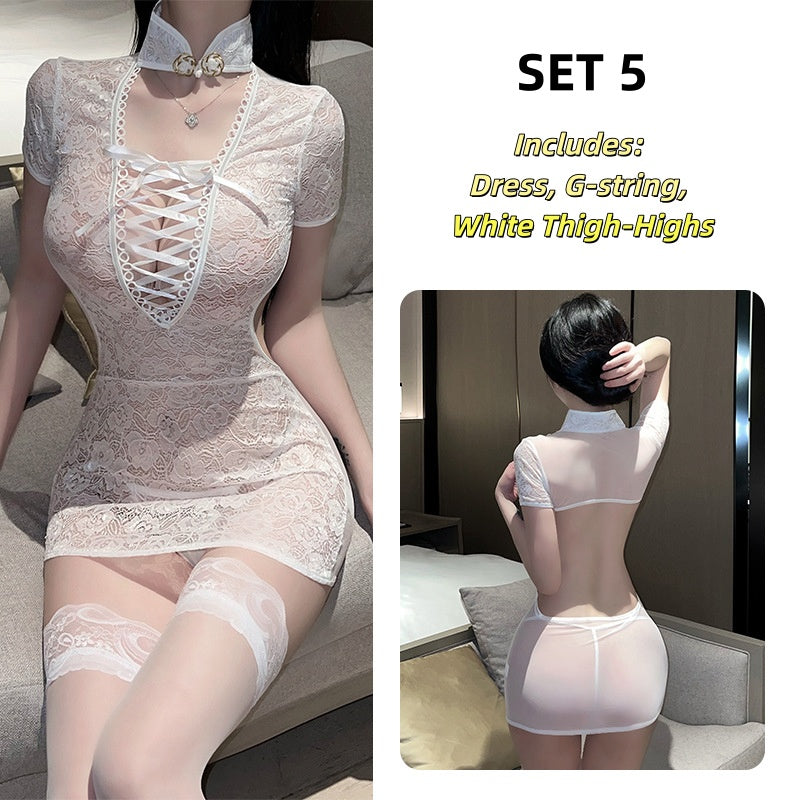 Vintage Lace Lingerie Costume Sexy See-through Temptation Pajamas Backless Nightwear Uniform Set
