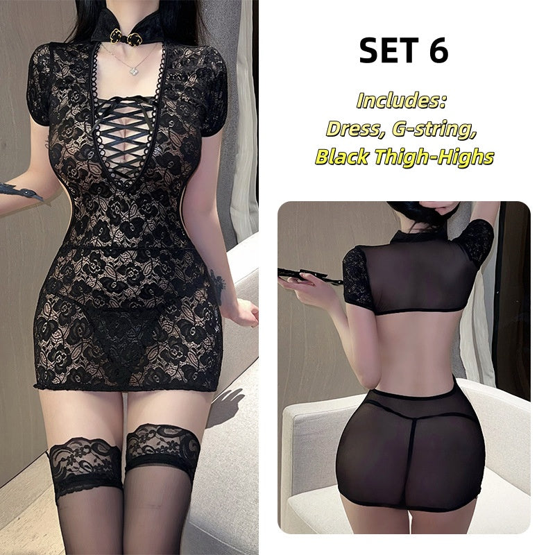 Vintage Lace Lingerie Costume Sexy See-through Temptation Pajamas Backless Nightwear Uniform Set
