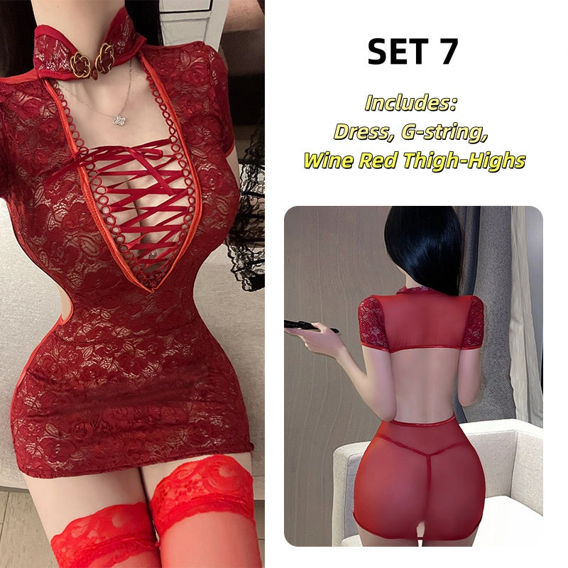 Vintage Lace Lingerie Costume Sexy See-through Temptation Pajamas Backless Nightwear Uniform Set
