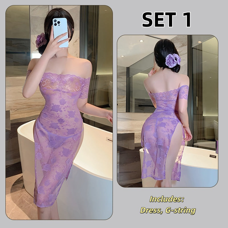 Purple Lace Erotic Lingerie Long Dress Uniform Sexy Sleepwear Pure Desire Pajamas Set