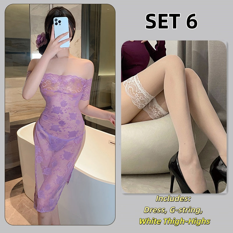 Purple Lace Erotic Lingerie Long Dress Uniform Sexy Sleepwear Pure Desire Pajamas Set